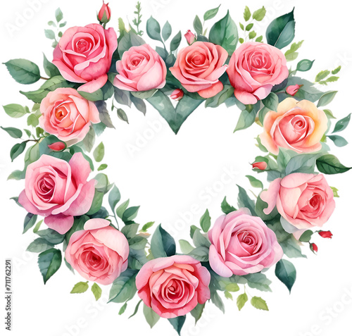 Watercolor painting of heart-shaped rose wreath.