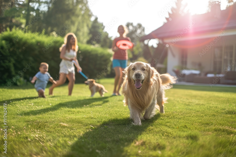 a beautiful family of four, all smiles, playing catch with a flying disc on their backyard lawn. A happy golden retriever joyfully joins the game - obrazy, fototapety, plakaty 