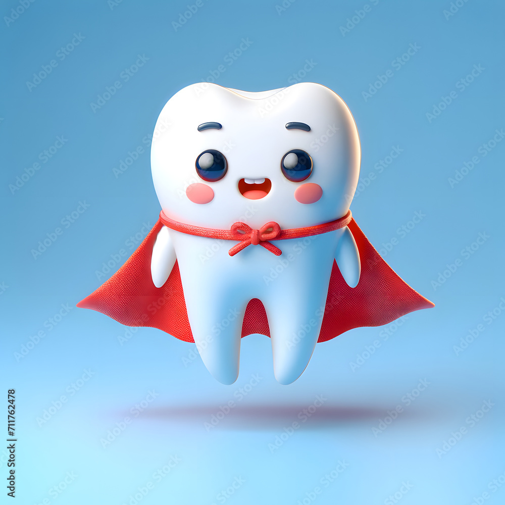Fototapeta premium little tooth wearing a red cape, floating in mid-air. The tooth is centered on a clean, blue background