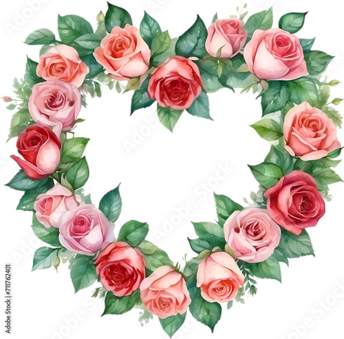 Watercolor painting of heart-shaped rose wreath.