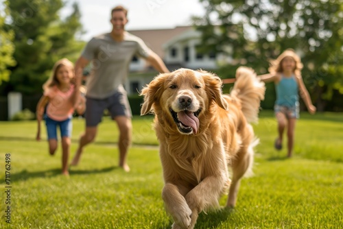 a beautiful family of four, all smiles, playing catch with a flying disc on their backyard lawn. A happy golden retriever joyfully joins the game photo