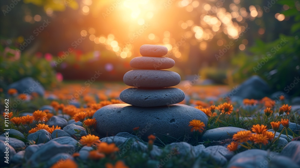 Zen stones in serene garden at sunset with orange flowers - obrazy, fototapety, plakaty 