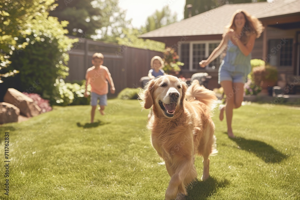 a beautiful family of four, all smiles, playing catch with a flying disc on their backyard lawn. A happy golden retriever joyfully joins the game a beautiful family of four, all smiles, playing catch with a flying disc on their backyard lawn. A happy golden retriever joyfully joins the game