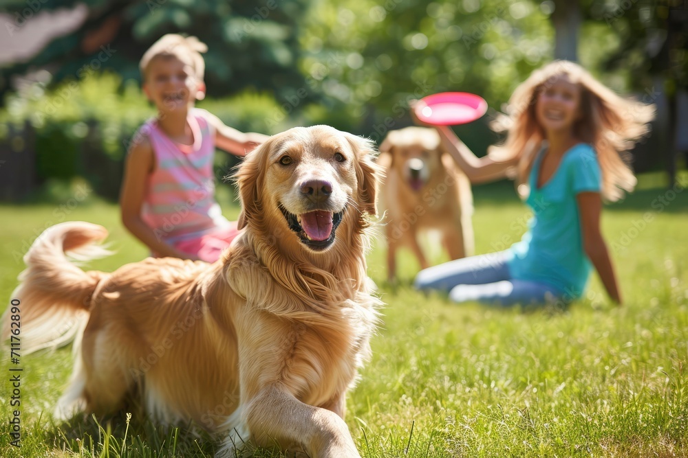a beautiful family of four, all smiles, playing catch with a flying disc on their backyard lawn. A happy golden retriever joyfully joins the game - obrazy, fototapety, plakaty 