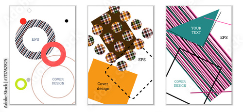 Geometric cover design, set of 3 covers. Abstract unusual background in Memphis style. Bright geometric shapes in random order
