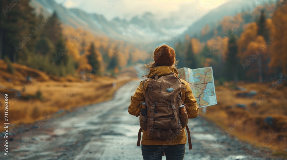 Solo traveler with map exploring autumn mountains on a misty day - obrazy, fototapety, plakaty 