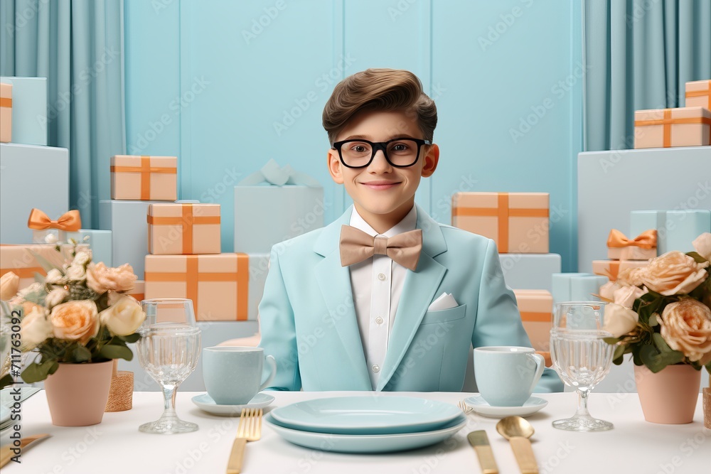 Stylish young boy in glasses and bow tie sitting at a table surrounded by an array of colorful gifts Stylish young boy in glasses and bow tie sitting at a table surrounded by an array of colorful gifts