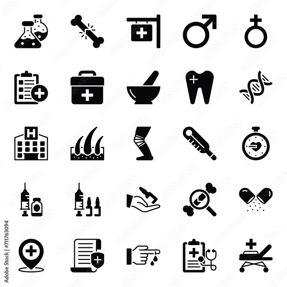 Glyph icons set for Medical and Health.