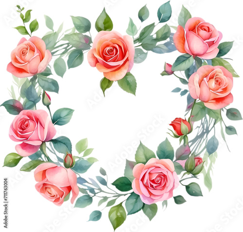 Watercolor painting of heart-shaped rose wreath. © Pram