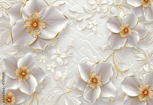 white abstract gold flower wallpaper floral wallpaper decoration  in the style of meticulous mosaics  uhd image  romantic charm.