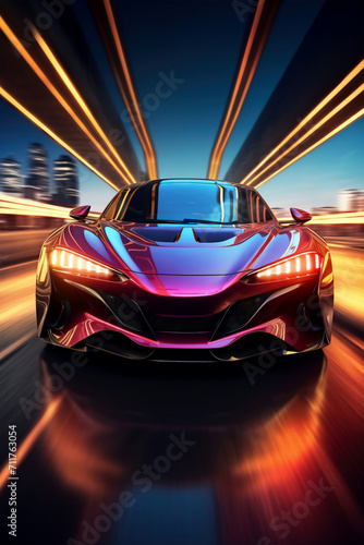 Futuristic sportcar on neon highway photo