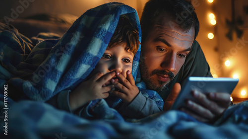 Father and child under a blue blanket, lit by the glow of a tablet screen, suggesting they might be reading or watching something together in a cozy, intimate setting