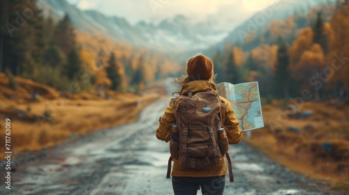Solo traveler with map exploring autumn mountains on a misty day photo