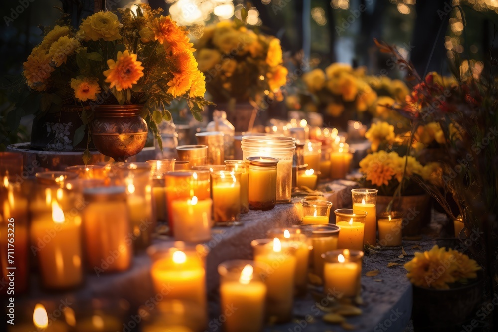 A table adorned with numerous lit candles, creating a radiant and atmospheric environment, Lots of lit candles and yellow marigold flowers at the cemetery, AI Generated A table adorned with numerous lit candles, creating a radiant and atmospheric environment, Lots of lit candles and yellow marigold flowers at the cemetery, AI Generated