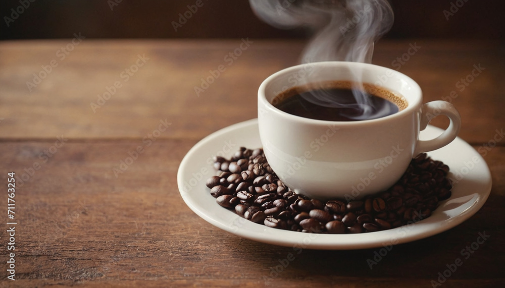Fototapeta premium Cup of coffee on a wooden table generated by AI