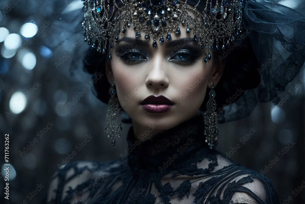 A woman in an mesmerizing fusion of glam adorned in a flowing black velvet gown with lace details and silver embellishments. Generative Ai 