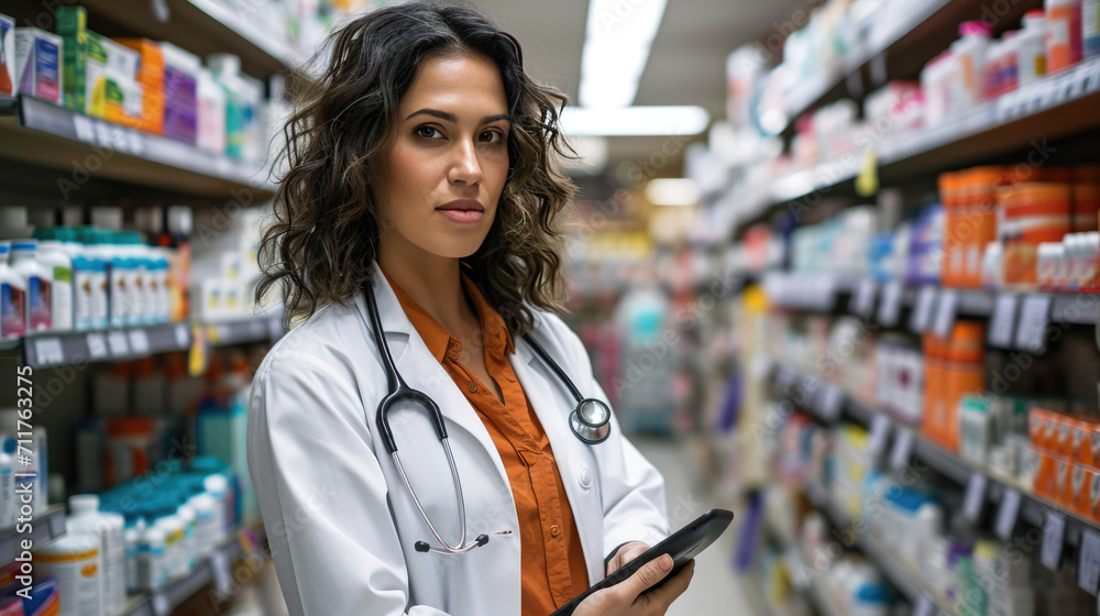 Confident woman in a white lab coat with a stethoscope around her neck, holding a tablet computer, standing in a pharmacy with shelves stocked with various pharmaceutical products.