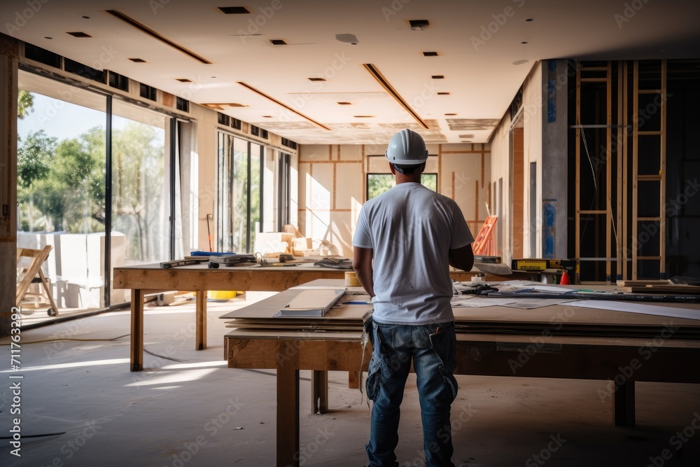 A man stands in a room that is currently being constructed, with unfinished walls and exposed wiring, General contractor inside a modern building house, AI Generated A man stands in a room that is currently being constructed, with unfinished walls and exposed wiring, General contractor inside a modern building house, AI Generated