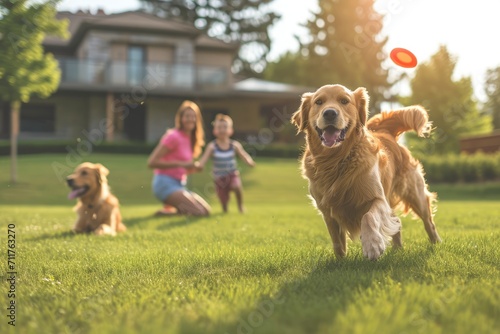 a beautiful family of four  all smiles  playing catch with a flying disc on their backyard lawn. A happy golden retriever joyfully joins the game