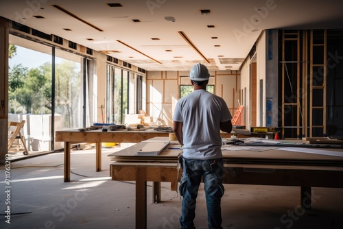 A man stands in a room that is currently being constructed, with unfinished walls and exposed wiring, General contractor inside a modern building house, AI Generated