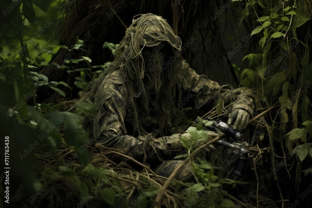 An image of a man serenely sitting amidst the lush foliage of a forest, finding solace and tranquility in the embrace of nature, Ghillie suit sniper camouflage sitting in a jungle, AI Generated