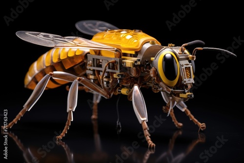 A detailed close-up photograph featuring a yellow and black insect, Genetically modified robotic honey bee, AI Generated