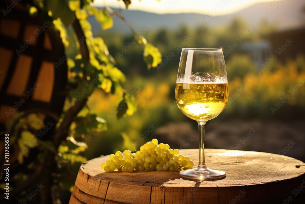 An elegant glass of wine balanced on top of a rustic wooden barrel, creating a beautiful and timeless scene, Glass of white wine on a barrel in the countryside, AI Generated