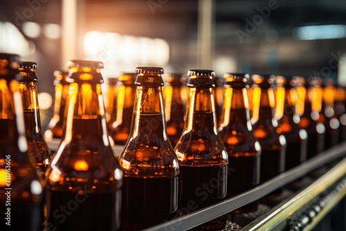 Row of Beer Bottles on Conveyor Belt  Production and Packaging Process in Brewery  Glass brown bottles of beer on conveyor belt with light  AI Generated