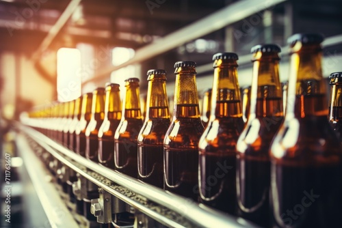 A line of beer bottles is seen as they sit on top of a moving conveyor belt  Glass brown bottles of beer on conveyor belt with light  AI Generated