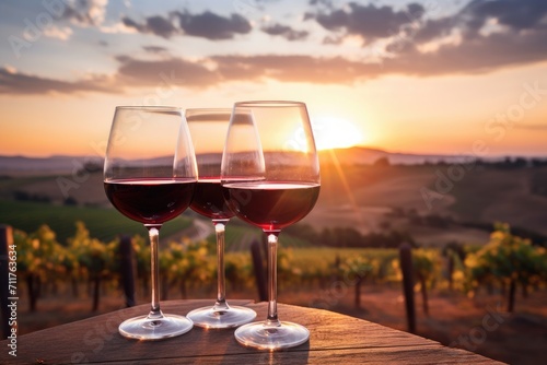 Three glasses of wine are placed on a table  with a beautiful sunset providing a stunning backdrop  Glasses of red wine at sunset with vineyards in the background  AI Generated
