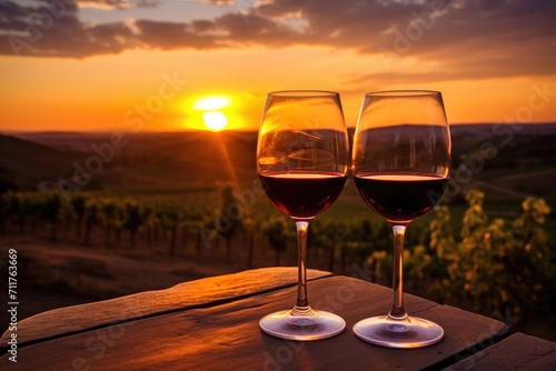 Two glasses of wine sitting on top of a wooden table, Glasses of red wine at sunset with vineyards in the background, AI Generated