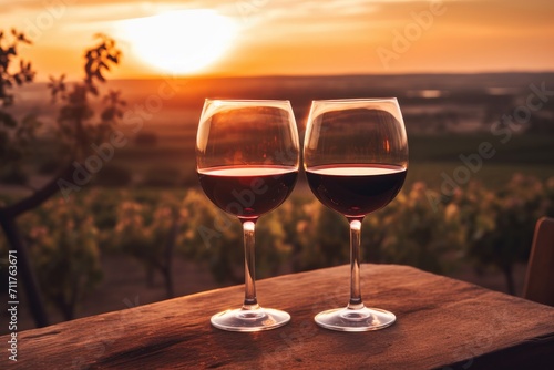 A peaceful image of two glasses of wine sitting on top of a wooden table, creating a delightful ambiance, Glasses of red wine at sunset with vineyards in the background, AI Generated