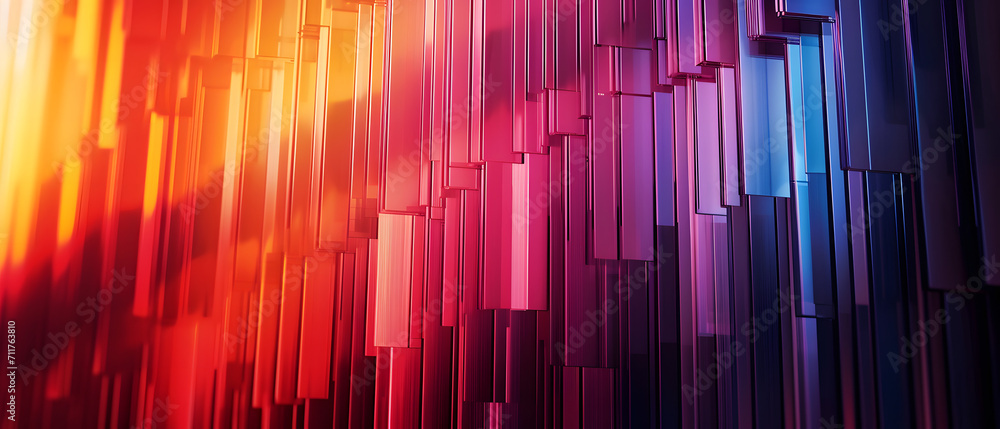 Vibrant maroon hues dance within a mesmerizing abstract art piece, cascading through the light like a colorful curtain of glass rectangles