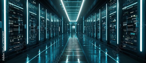 Envision a visually captivating server room  Rows of high-tech servers neatly organized in racks create a sleek backdrop.