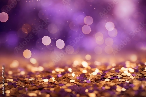 Close Up of Vibrant Purple and Gold Glitter Background With Rich Textures, gold and purple abstract glitter confetti bokeh background, AI Generated