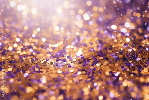 A stunning close-up image featuring a vivid purple and gleaming gold background, gold and purple abstract glitter confetti bokeh background, AI Generated
