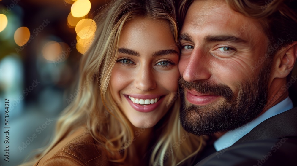 Smiling couple close-up portrait with warm, romantic bokeh lights Smiling couple close-up portrait with warm, romantic bokeh lights