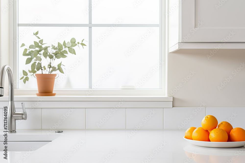 Modern white minimalistic kitchen interior details. Stylish white quartz countertop with kitchen sink with water tap, oranges and potted plant, window and wall cabinet - obrazy, fototapety, plakaty 