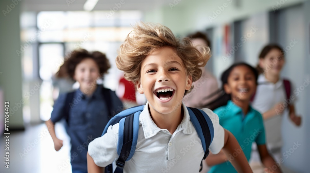Obraz premium schoolchildren run out of school after lessons