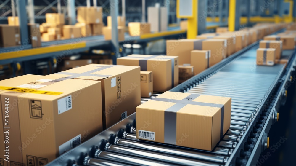 Many packages are transported on a conveyor belt for delivery Many packages are transported on a conveyor belt for delivery