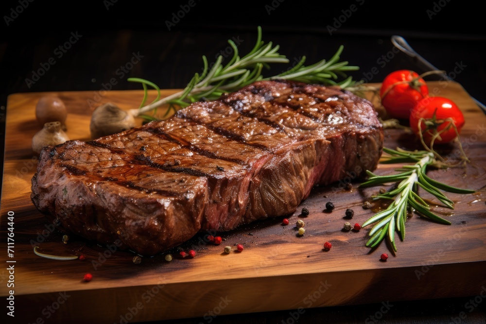 A thick and juicy piece of steak sits on a wooden cutting board, invitingly waiting to be cooked to perfection, Grilled meat barbecue steak on wooden cutting board with rosemary, AI Generated