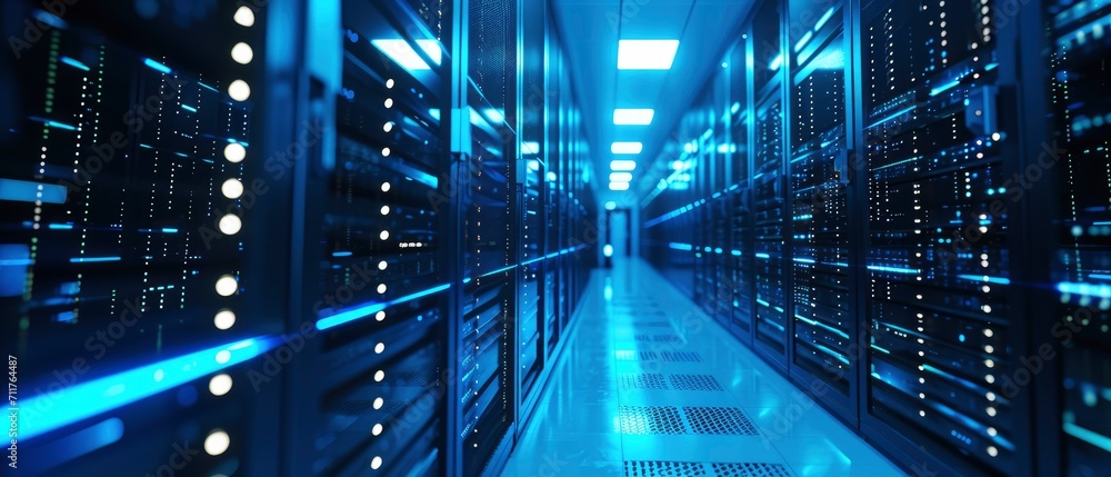 Obraz premium Envision a visually captivating server room, Rows of high-tech servers neatly organized in racks create a sleek backdrop.