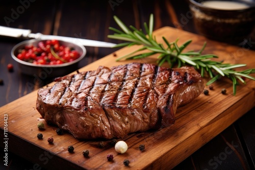A mouthwatering piece of steak sits perfectly cooked on a wooden cutting board, ready to be savored, Grilled meat barbecue steak on wooden cutting board with rosemary, AI Generated