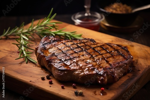 Grilled Steak on Wooden Cutting Board With Fresh Rosemary Sprig, Grilled meat barbecue steak on wooden cutting board with rosemary, AI Generated