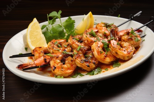 A white plate beautifully presented with succulent shrimp and fresh lemon wedges, Grilled shrimp skewer, AI Generated