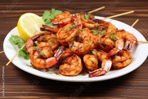 A delectable assortment of grilled shrimp skewers served on a plate with a tangy lemon wedge, Grilled shrimp skewer, AI Generated