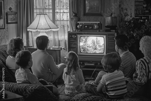 Journey to the Past: A Heartwarming 1970s and 1960s Holiday TV Special, Where a Family Gathers Around the black and white Television photo