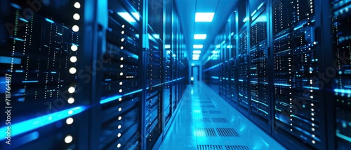Envision a visually captivating server room, Rows of high-tech servers neatly organized in racks create a sleek backdrop.