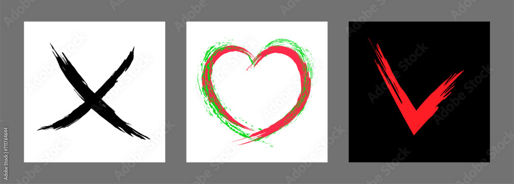 The cross, heart and OK symbol are hand-drawn with a brush. Prohibition, denial, error. Love. Approval, consent. Vector, set of 3 characters The cross, heart and OK symbol are hand-drawn with a brush. Prohibition, denial, error. Love. Approval, consent. Vector, set of 3 characters