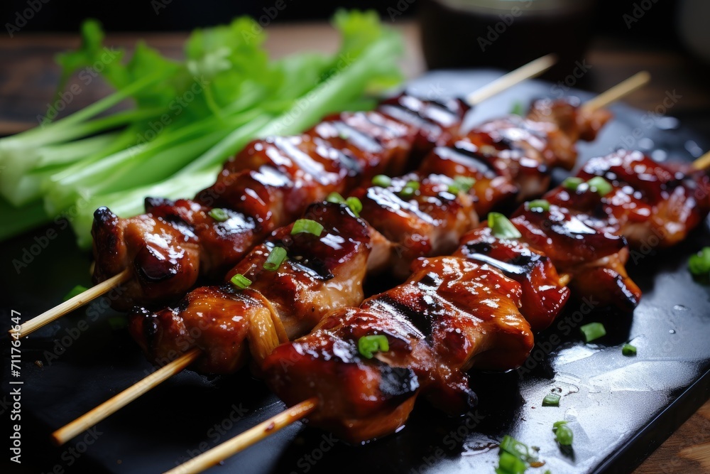 A delicious assortment of meat and vegetables skewered and placed on a sleek black plate, Grilled teriyaki chicken skewers, AI Generated